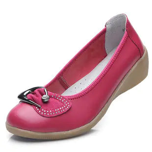 Nurse Shoes for Moms, Wedge Leather Flats with Rhinestones