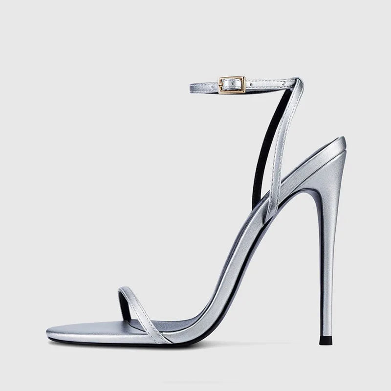 Arden Furtado 2024 Summer Metal leather Round toe Thin heels word-cingulate Narrow Band Super high heel Open toe Sandals