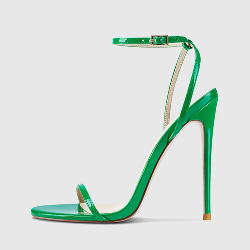 Arden Furtado 2024 Summer Metal leather Round toe Thin heels word-cingulate Narrow Band Super high heel Open toe Sandals