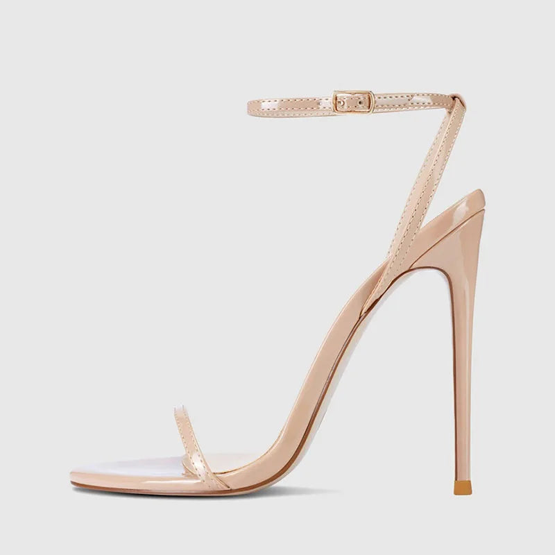 Arden Furtado 2024 Summer Metal leather Round toe Thin heels word-cingulate Narrow Band Super high heel Open toe Sandals