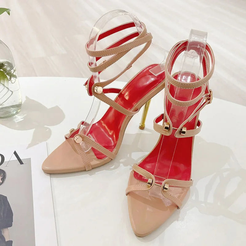 Liyke Brand Fashion Metal Decoration Designer High Heels Sandals Women Sexy Pointed Toe Party Stripper Shoes Sandalias Mujer