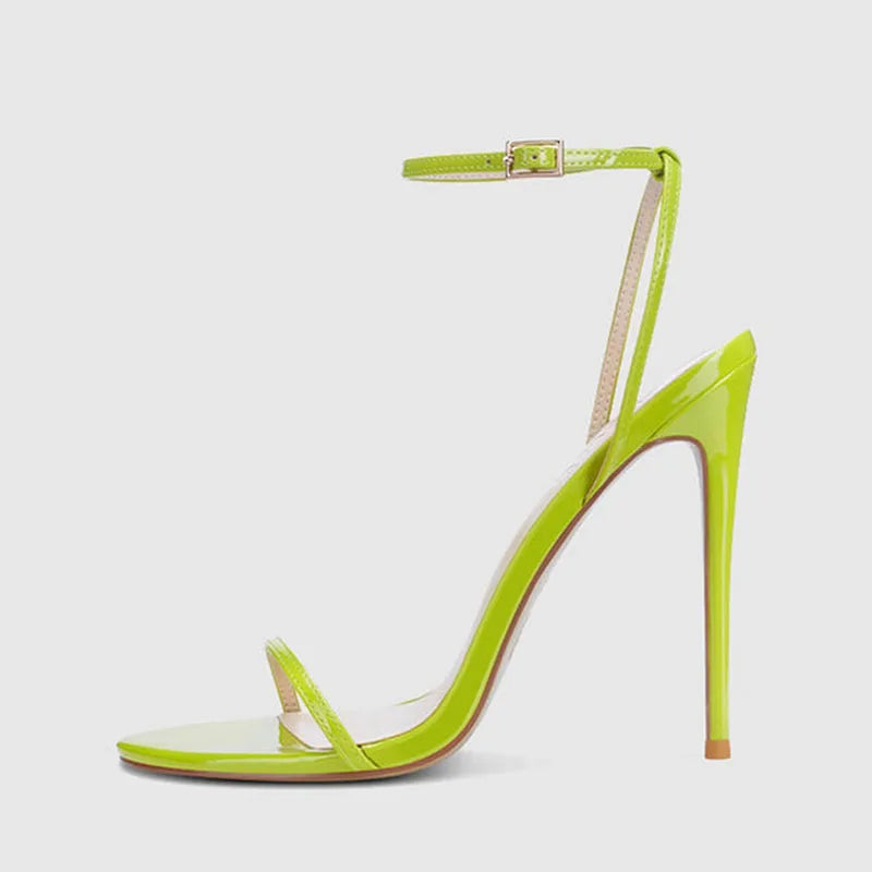 Arden Furtado 2024 Summer Metal leather Round toe Thin heels word-cingulate Narrow Band Super high heel Open toe Sandals