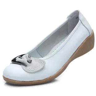 Nurse Shoes for Moms, Wedge Leather Flats with Rhinestones